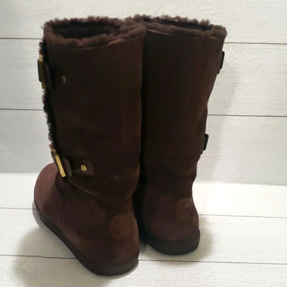 Tory Burch Brown Shearling And Suede Midcalf Flat Womens Boots Size 8.5
